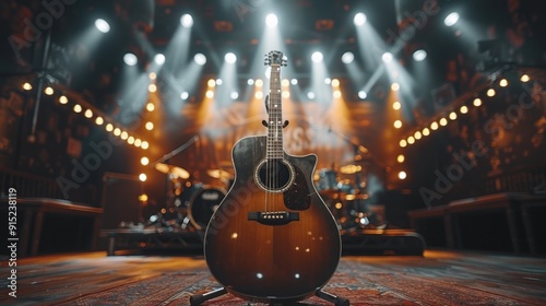 Acoustic guitar on a stand on empty stage