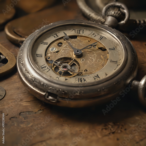 a silver pocket watch sitting on a table with other watches