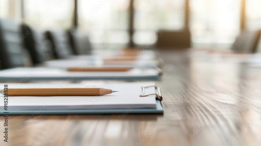 closeup of wooden table with clipboard and pencil, ready for meeting or conference, business office environment. closeup of wooden table with clipboard and pencil, ready for meeting or conference, business office environment.
