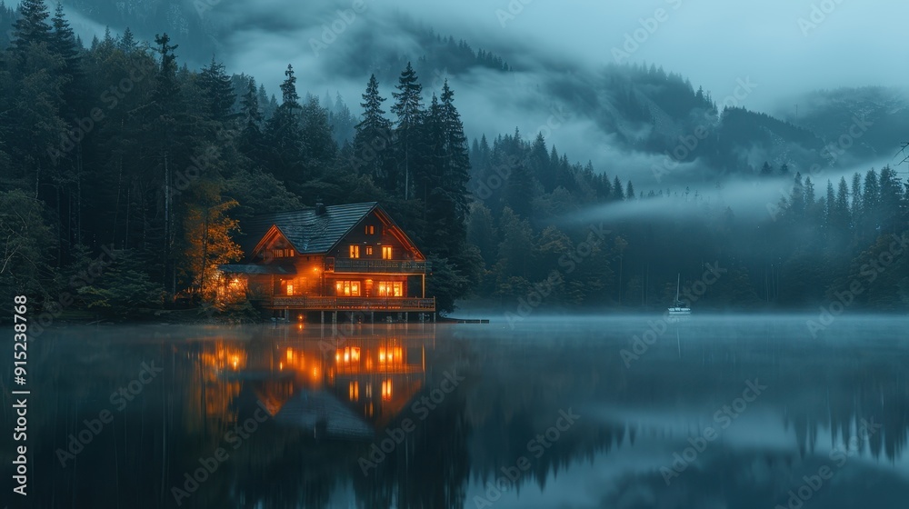 Obraz premium Cozy Cabin by Misty Lake with Warm Lights and Forest Reflections in Tranquil Evening