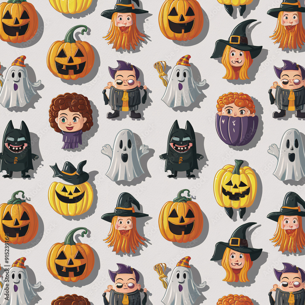 A stylish collection of Halloween characters—a cheerful pumpkin, playful ghost, mischievous bat, and wise witch—arranged in a whimsical pattern on a white background. A stylish collection of Halloween characters—a cheerful pumpkin, playful ghost, mischievous bat, and wise witch—arranged in a whimsical pattern on a white background.