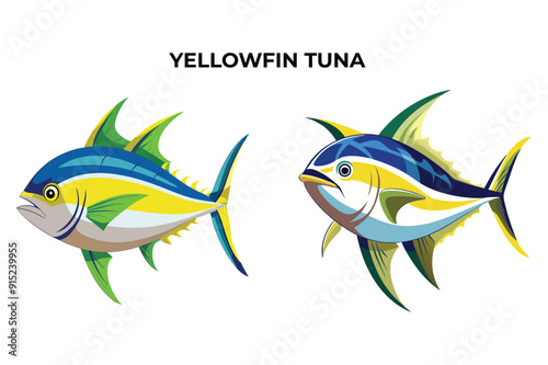 Detailed Yellowfin Tuna fish vector illustration. Perfect for culinary, marine, and environmental designs. High-quality vector for easy customization. Ideal for menus, packaging, education, and web gr
