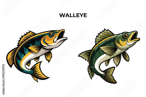 Detailed Walleye fish vector illustration. Perfect for culinary, marine, and environmental designs. High-quality vector for easy customization. Ideal for menus, packaging, education, and web graphics.