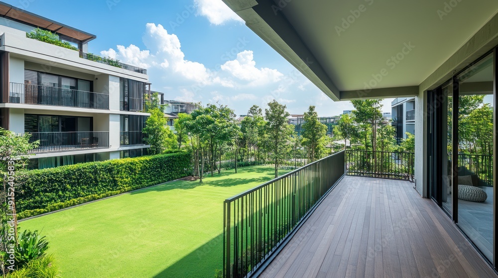 Modern balcony overlooking a green lawn and trees. Modern balcony overlooking a green lawn and trees.
