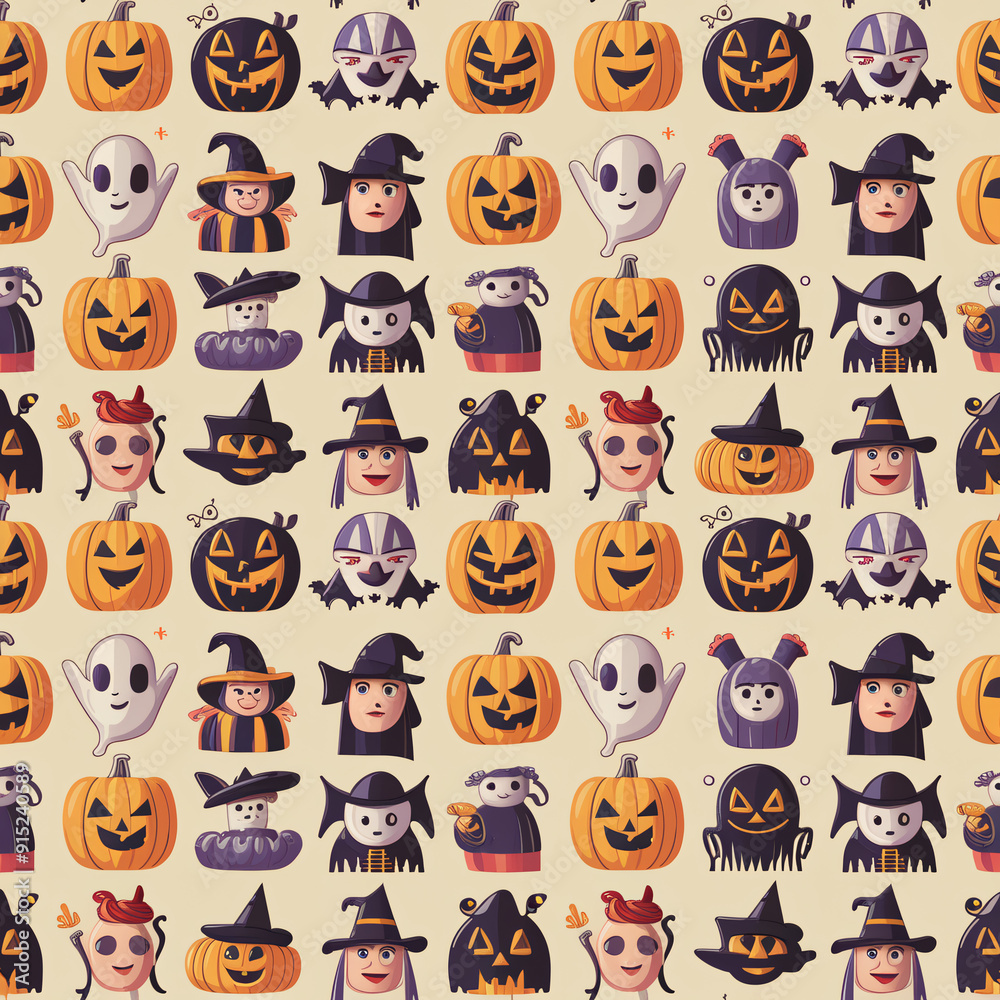 A whimsical collection of Halloween characters—pumpkins, ghosts, bats, and witches—each with unique designs, arranged in a regular pattern on a transparent background, celebrating Halloween's spirit. A whimsical collection of Halloween characters—pumpkins, ghosts, bats, and witches—each with unique designs, arranged in a regular pattern on a transparent background, celebrating Halloween's spirit.