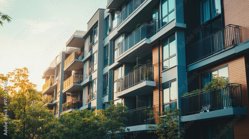 Obraz premium Modern apartment building with balconies and greenery.