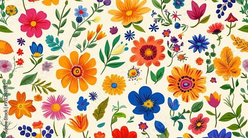 A cheerful and vibrant floral pattern with a variety of colorful flowers and leaves on a light background.