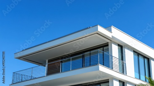 Modern house exterior with balcony and large windows against a blue sky.