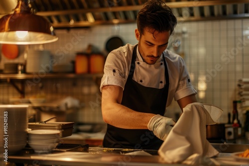 A person in an apron cooks in a modern kitchen with utensils and ingredients