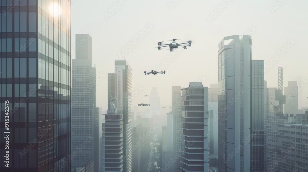 Futuristic drones fill the skyline, navigating between towering skyscrapers in a bustling, high-tech metropolitan scene at dawn.