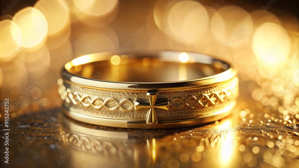 Intricately designed gold wedding band features a subtle cross emblem, symbolizing eternal love and faith, on a softly focused, blurred background with natural lighting. Intricately designed gold wedding band features a subtle cross emblem, symbolizing eternal love and faith, on a softly focused, blurred background with natural lighting.