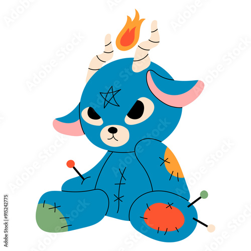 Voodoo doll goat. Goat with pin, stitches, patches. Cute character. Hand drawn Vector illustration. Isolated design element. Rag, textile toy. Icon, print template
