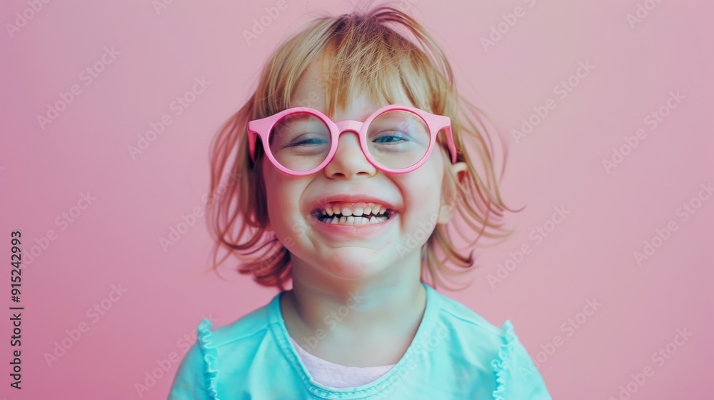 A little girl smiling joyfully with vibrant pink glasses against a pastel pink background, radiating pure, childlike happiness. A little girl smiling joyfully with vibrant pink glasses against a pastel pink background, radiating pure, childlike happiness.