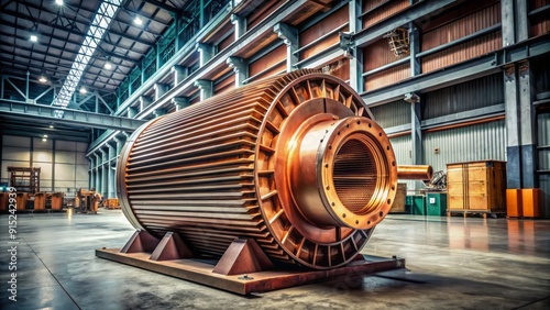 Large, high-powered electric motor with copper windings and steel casing, mounted on a concrete floor in a dimly lit industrial factory setting. photo