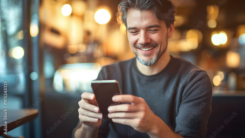Happy male using smartphone at modern coffee shop, he chatting Online Messaging on mobile smartphone. Happy male using smartphone at modern coffee shop, he chatting Online Messaging on mobile smartphone.
