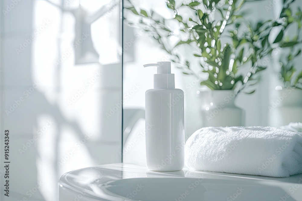 White plastic bottle of cosmetic product on white table in modern bathroom