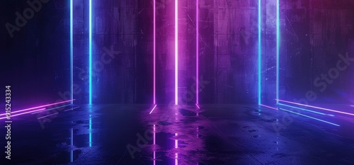 Abstract futuristic background with neon blue and purple lights, dark grunge background with glowing lines in the form of squares and stripes on an empty black wall