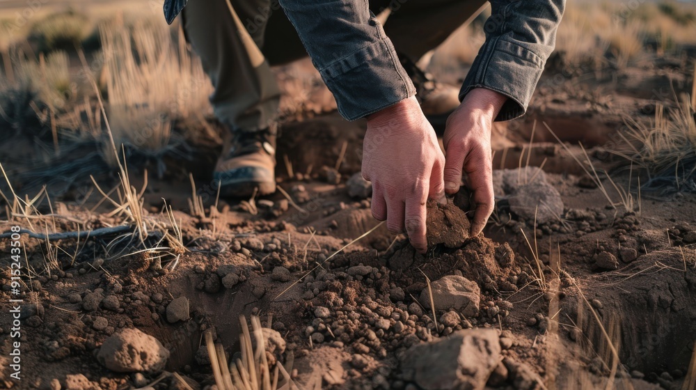 Hands are working to sift through dry soil in a remote, rugged landscape, highlighting dedication and hard work in agriculture or archaeology. Hands are working to sift through dry soil in a remote, rugged landscape, highlighting dedication and hard work in agriculture or archaeology.