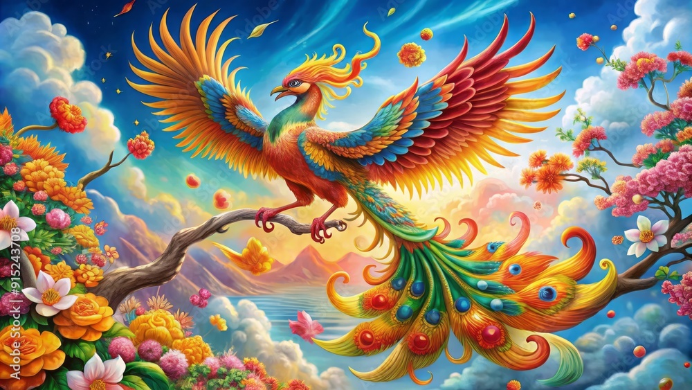 Majestic Chinese phoenix in vibrant colors, surrounded by flaming plum blossoms and auspicious clouds, symbolizing good fortune and prosperity in traditional Chinese culture.