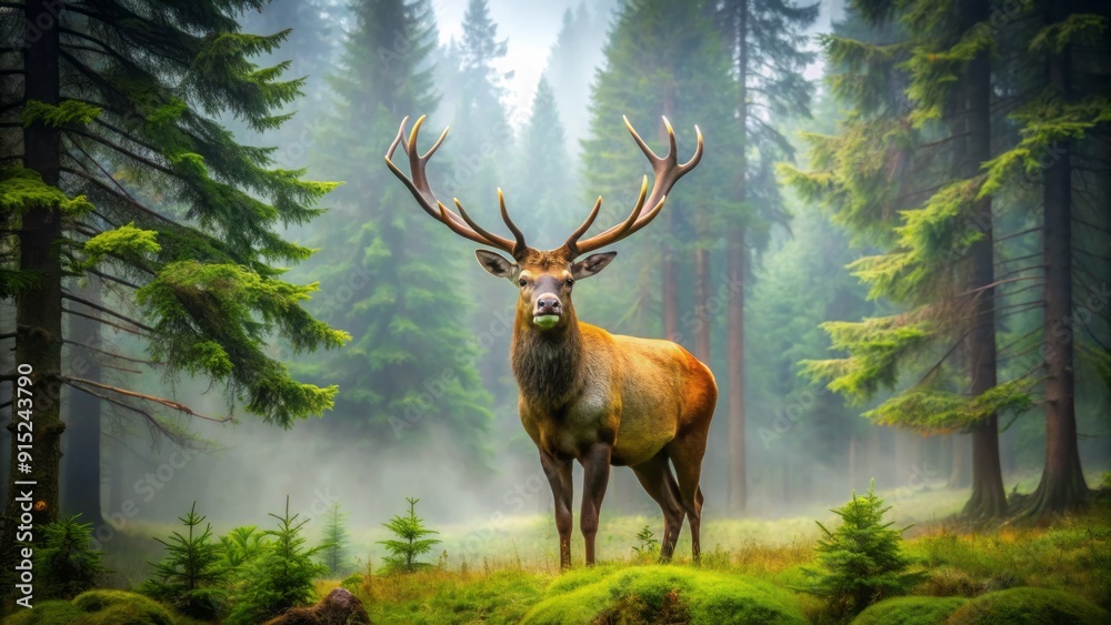 Fototapeta premium Majestic elk with massive, symmetrical antlers stands proudly in a misty, green forest, its fur glistening with dew, amidst towering trees and serene wilderness.