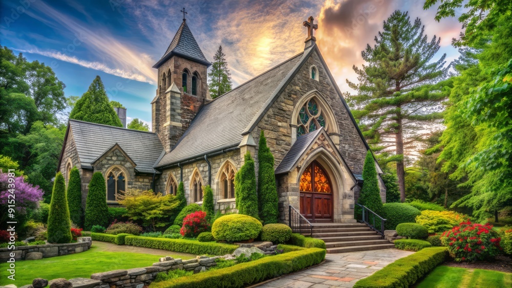 Fototapeta premium Majestic stone church with stained glass windows, steeples, and a grand entrance, surrounded by lush greenery and a serene atmosphere of reverence and devotion.
