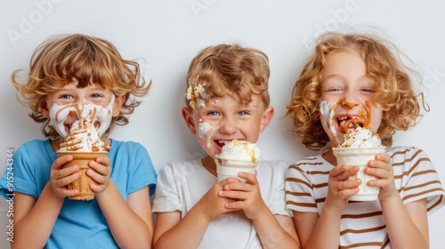 Three happy kids enjoying ice cream cones, smiling with ice cream on their faces, capturing the joy of childhood treats.
