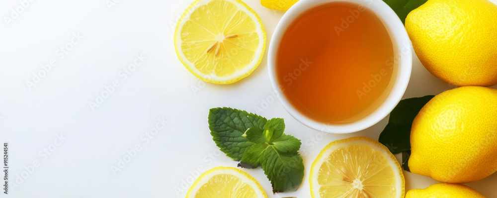 Abstract close-up of tea leaves and lemon slices on a white surface, balanced and natural diet