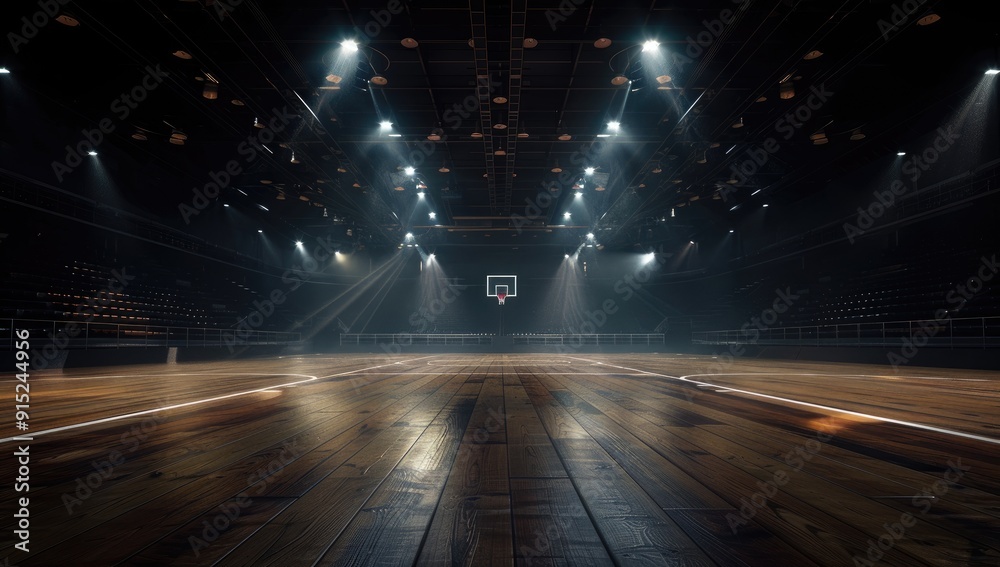 An empty basketball court illuminated by spotlights, with the focus on an iconic golden hoop in the center of the frame. An empty basketball court illuminated by spotlights, with the focus on an iconic golden hoop in the center of the frame.