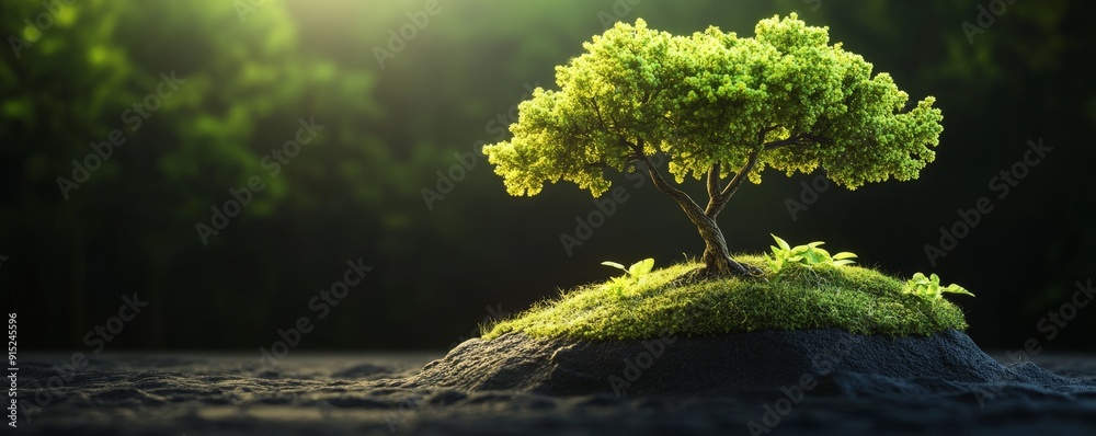 A small tree grows on a mossy hill, bathed in soft sunlight. A small tree grows on a mossy hill, bathed in soft sunlight.