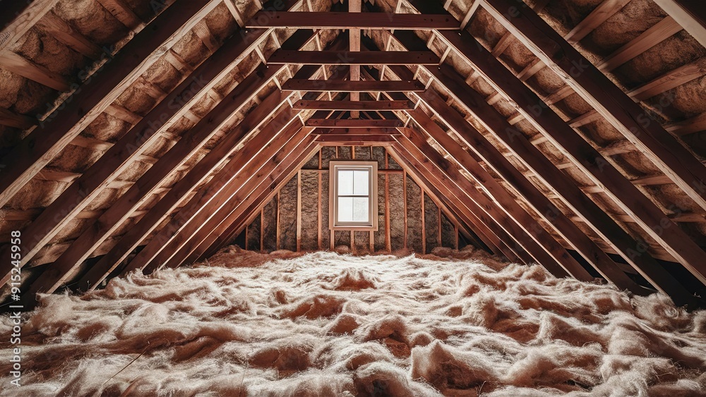Naklejka premium Close-up view of spray foam insulation in a wooden attic structure, enhancing home thermal regulation, Newly insulated loft.