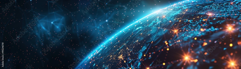Obraz premium Stunning View of Earth from Space with Glowing Network Connections and Starry Background