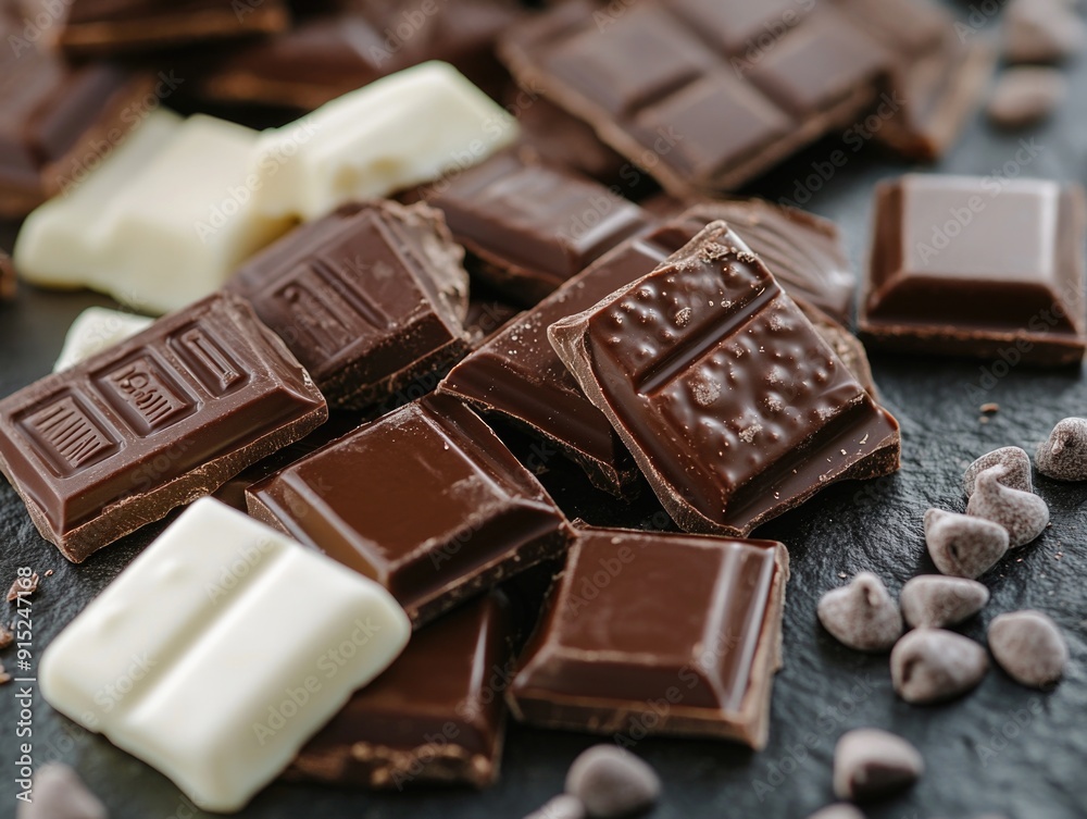 A pile of delicious chocolate bars and chocolate chips, perfect for baking or snacking A pile of delicious chocolate bars and chocolate chips, perfect for baking or snacking