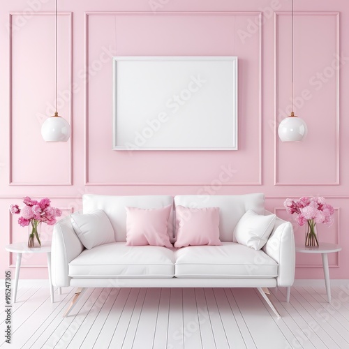 A white couch is in a room with a pink wall and pink flowers in vases