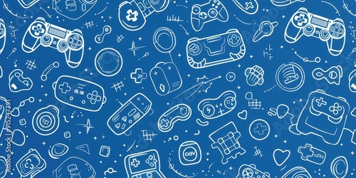 Blue background with a seamless pattern of video game icons, such as controllers and gaming consoles, in white line art.  photo