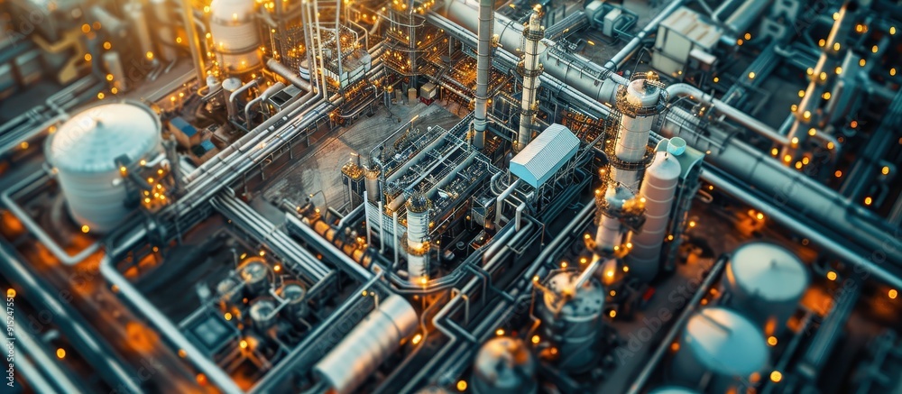 Aerial View of Modern Industrial Plant with Complex Network of Pipes and Machinery at Sunset Aerial View of Modern Industrial Plant with Complex Network of Pipes and Machinery at Sunset