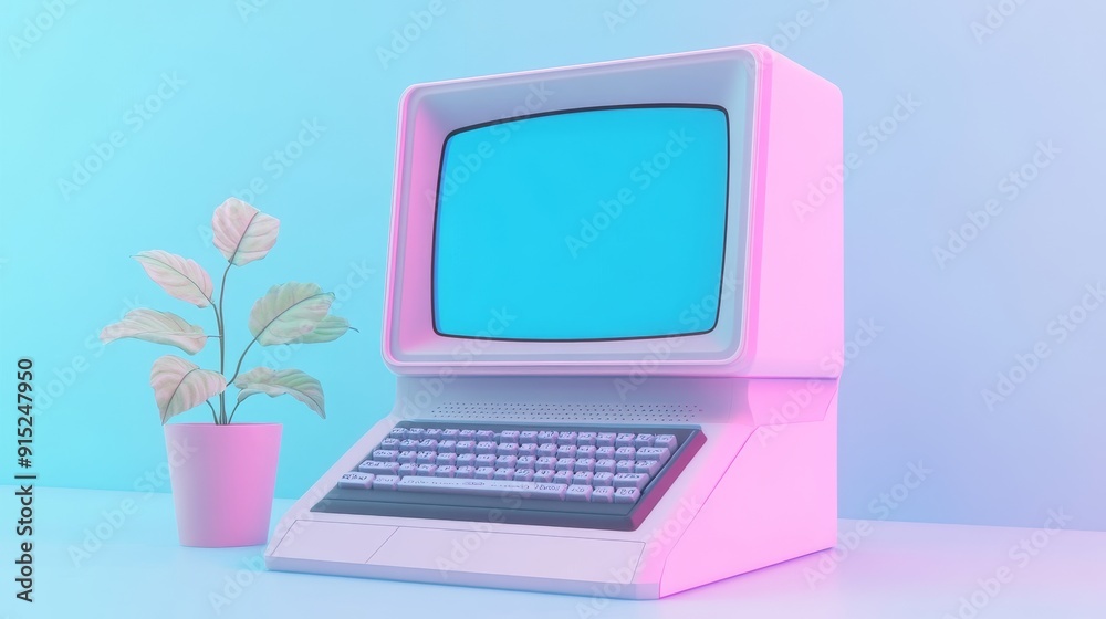 Retro pink computer with blank screen and potted plant in a blue and pink lighting. Retro pink computer with blank screen and potted plant in a blue and pink lighting.