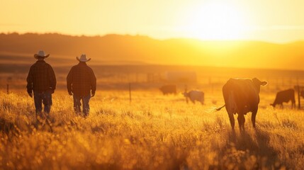 Two men wearing cowboy hats walk through a field of cows