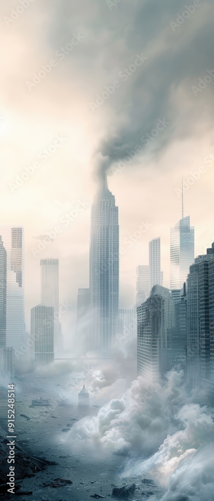 A city skyline with a large building in the middle and a large cloud of smoke A city skyline with a large building in the middle and a large cloud of smoke