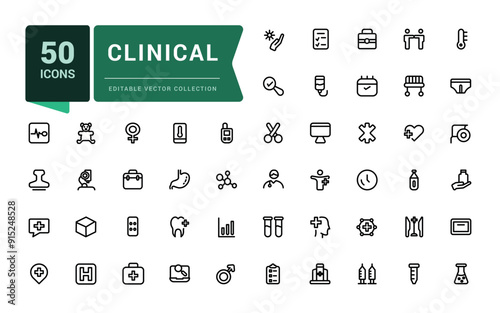 Clinical icon bundle. Set of outline icons related to healthcare, medical, medicine. Linear icon collection. Simple editable vector stroke illustration.