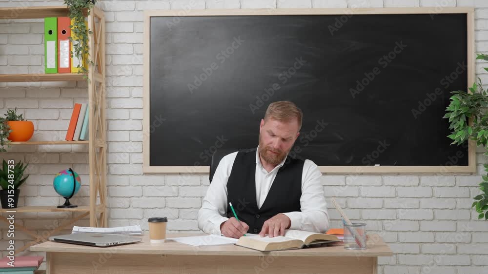 Man college teacher sitting at desk in classroom in front of chalkboard writing in notebook material from book, drinks coffee. Education concept.