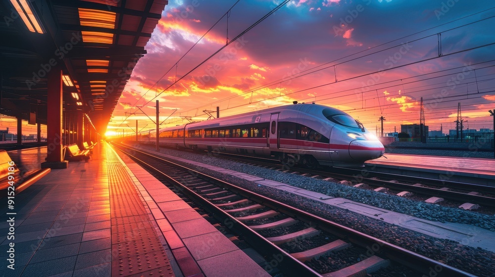 Naklejka premium High-Speed Train at Sunset Station with Vibrant Sky and Modern Architecture in the Background