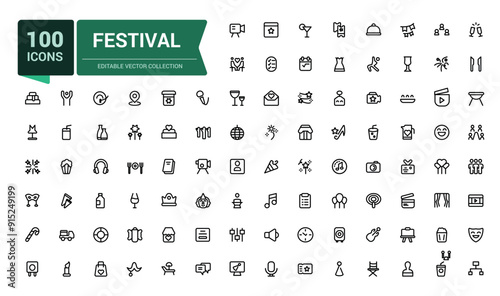 Festival icon set. Collection of line icons related to festival, holidays, event. Minimalist thin linear web ui icon set. Simple editable vector stroke illustration.