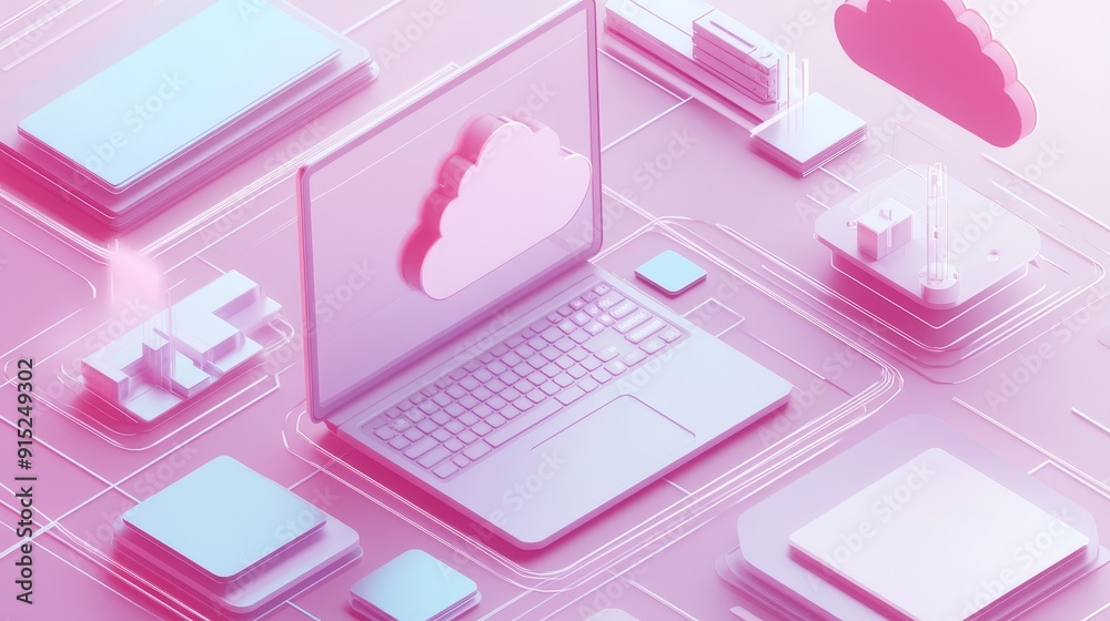 A laptop with a cloud icon on the screen, surrounded by abstract pink and blue geometric shapes.  This image represents the concept of cloud computing and data storage.