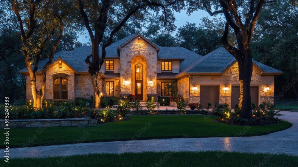 A modern stone house with a garage and a driveway lit by a string of warm lights. A modern stone house with a garage and a driveway lit by a string of warm lights.