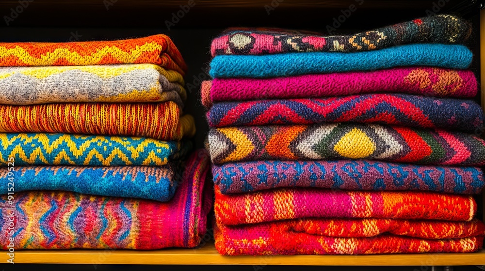 A stack of colorful blankets sitting on top of a wooden shelf A stack of colorful blankets sitting on top of a wooden shelf