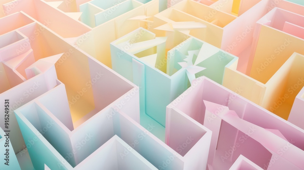 An intricate pastel-colored labyrinth creates a visually engaging maze with vibrant hues and sharp angles, symbolizing complexity and challenge. An intricate pastel-colored labyrinth creates a visually engaging maze with vibrant hues and sharp angles, symbolizing complexity and challenge.