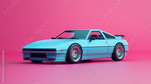 A retro blue sports car with black wheels against a pink background.