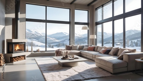 Cinematic modern living room with huge windows providing a view of a snowy landscape, featuring a loft concept with cozy furnishings, a fireplace with a contemporary design, plu