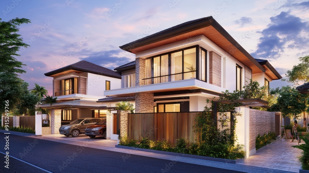 Modern two-story house with a stone facade and wooden accents in a residential area. Modern two-story house with a stone facade and wooden accents in a residential area.