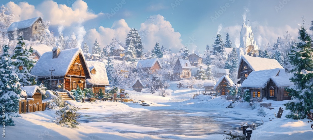 Fototapeta premium Snow-Covered Anime-Style Hamlet: Cozy Cottages and Abstract Concept Art for Gaming, Storybook Illustrations, and Immersive Storytelling